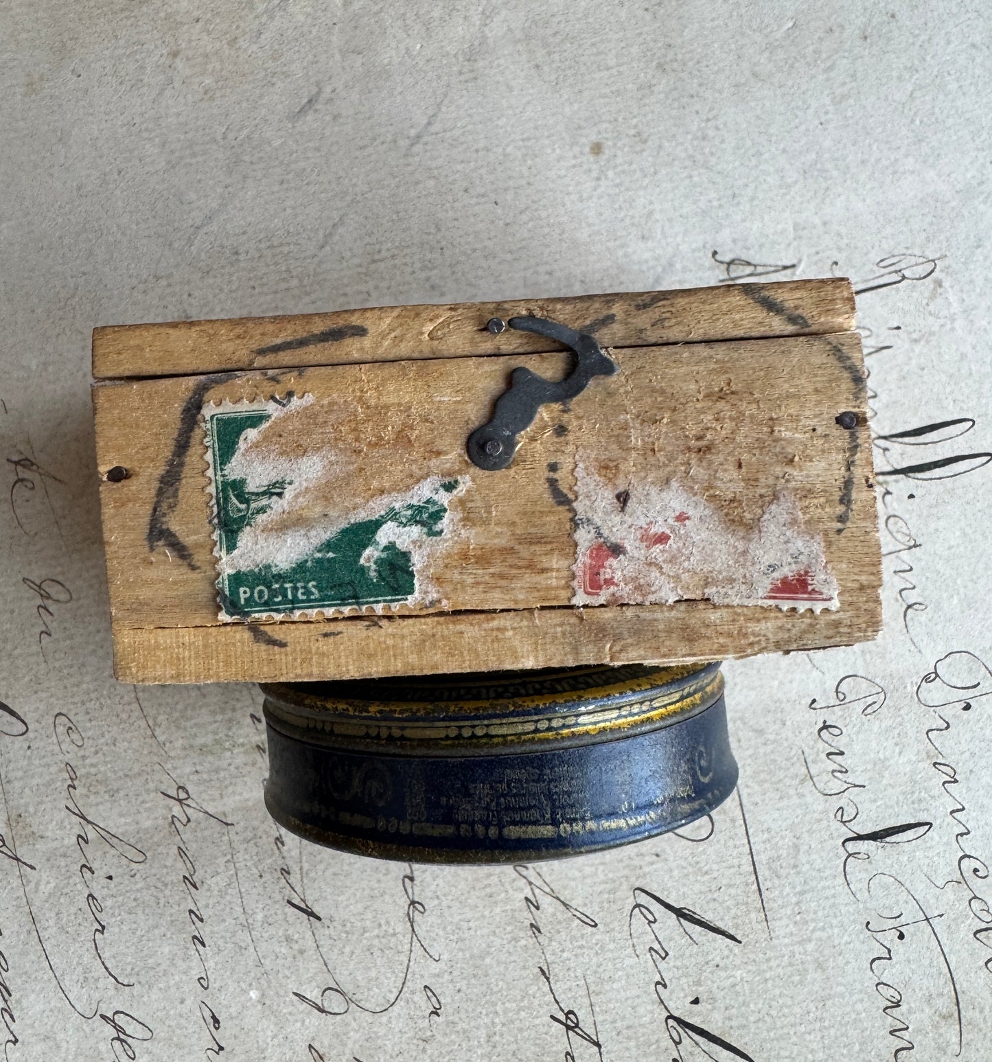 Antique French Apothecary Tin & Wooden Postal Box