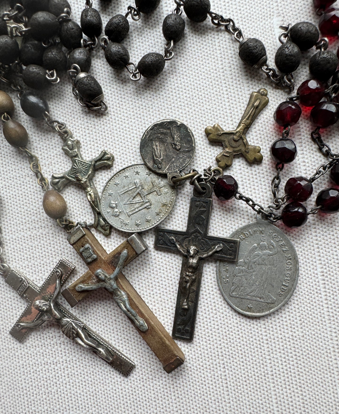 Antique French Rosary Lot with Crucifixes and Religious Medals