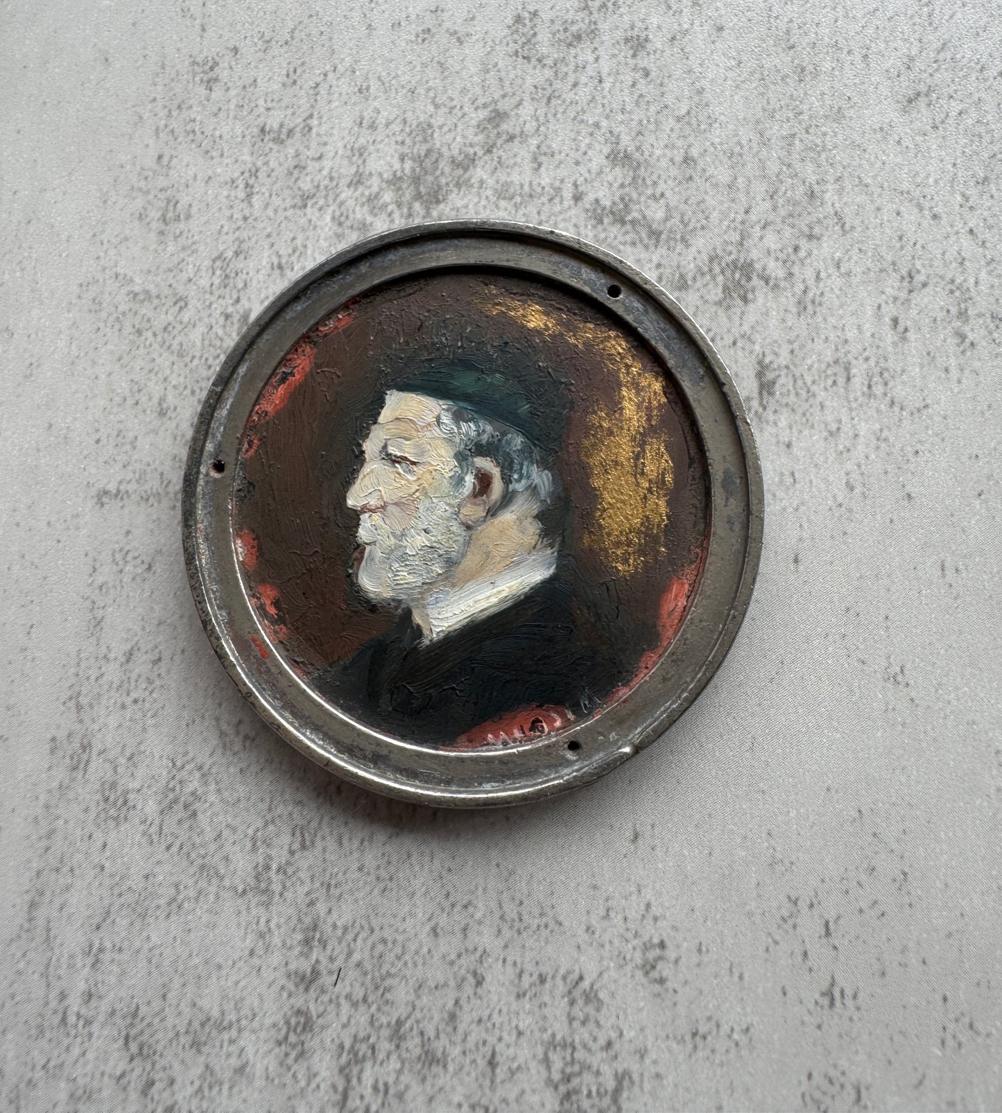 Antique 19th Century Miniature Portrait in Original Leather Case, Hand Painted