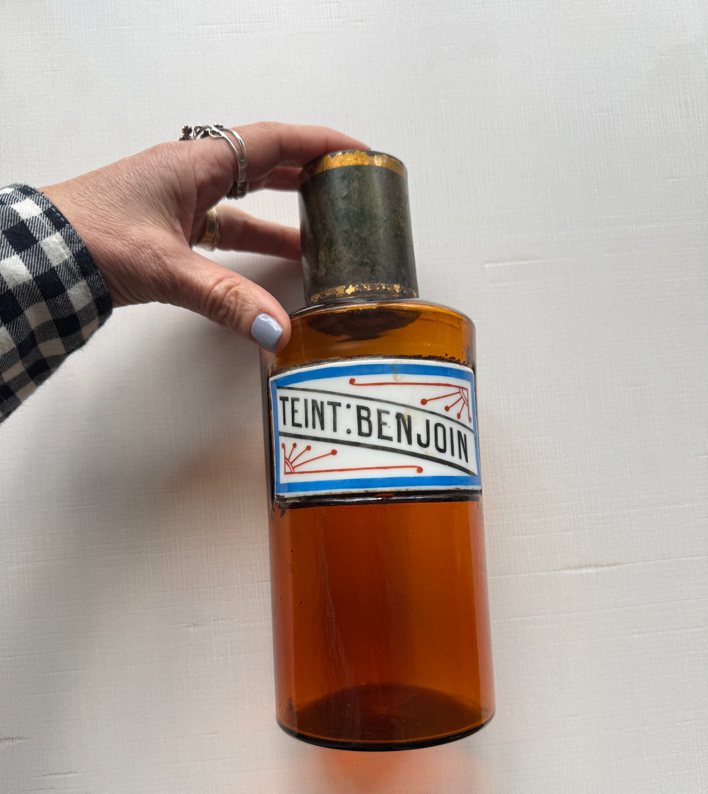 Antique French Apothecary Bottle, Amber Colored Glass, Porcelain Label