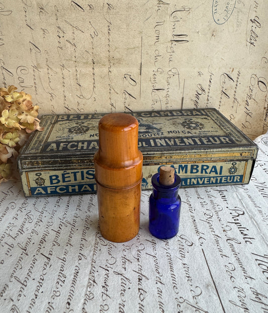Antique Cobalt Blue Apothecary Bottle in Turned Wood Case