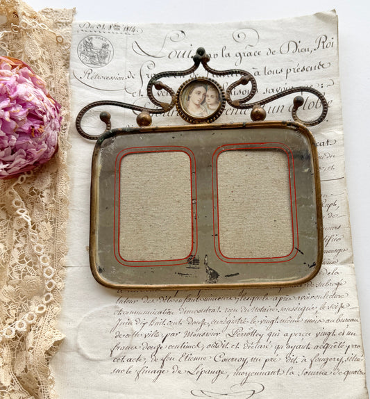 Antique French Mirrored Double Frame with Ornate Metalwork & Religious Image, 19th Century