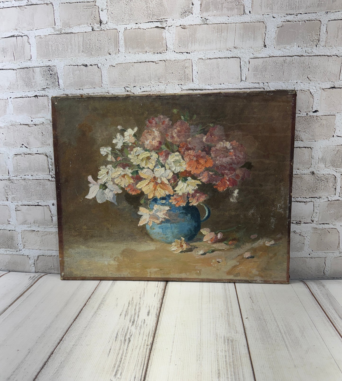Antique French Floral Painting, Still Life in Blue Pitcher