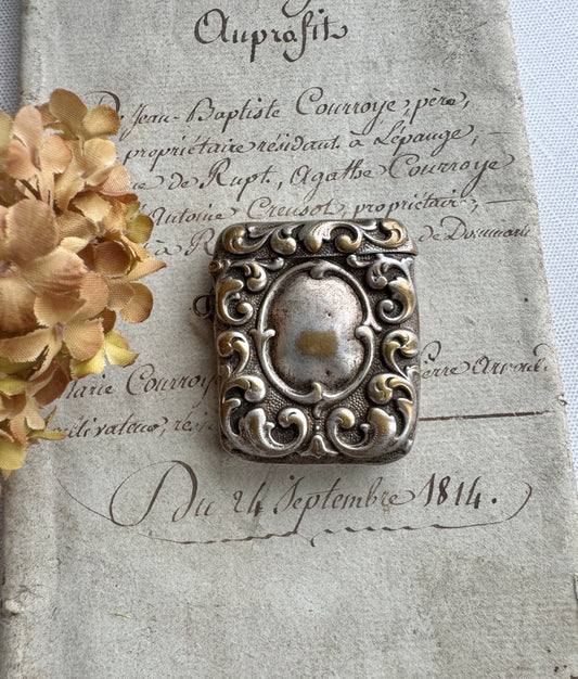 Antique Match Vesta, French Silver Plated Repousse Match Case, Edwardian Chatelaine Match Holder