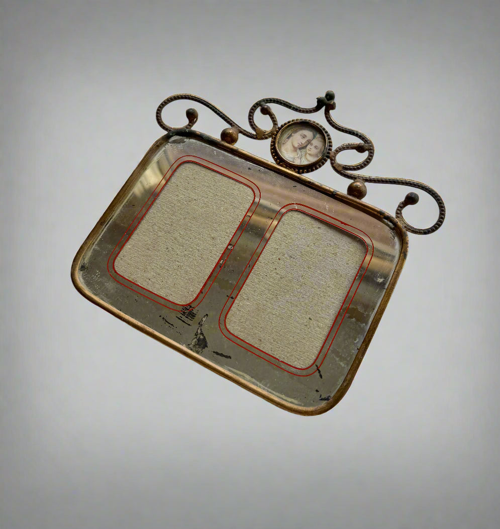 Antique French Mirrored Double Frame with Ornate Metalwork & Religious Image, 19th Century