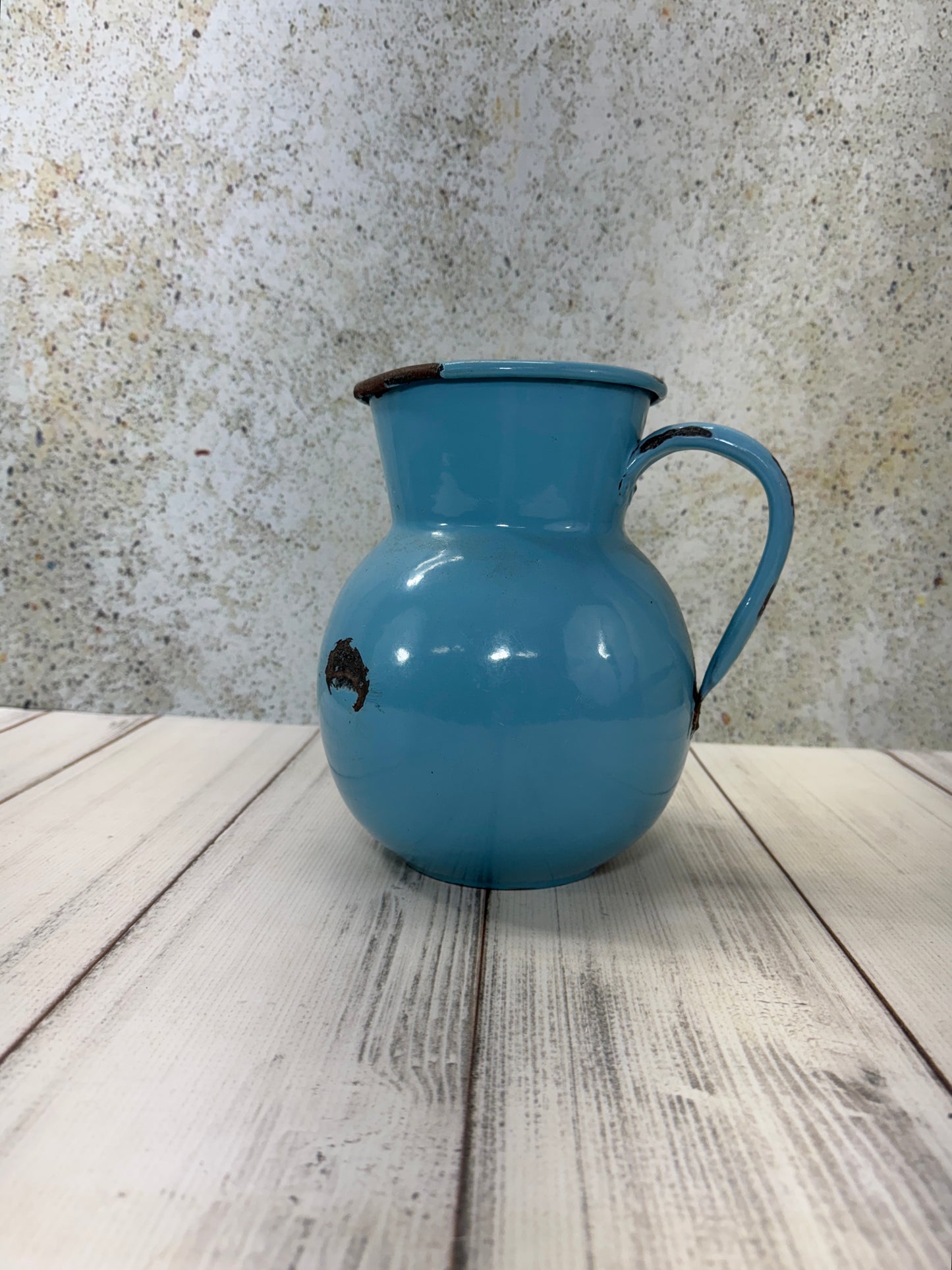 Vintage French Enamel Blue Pitcher with Handle, Rustic Patina