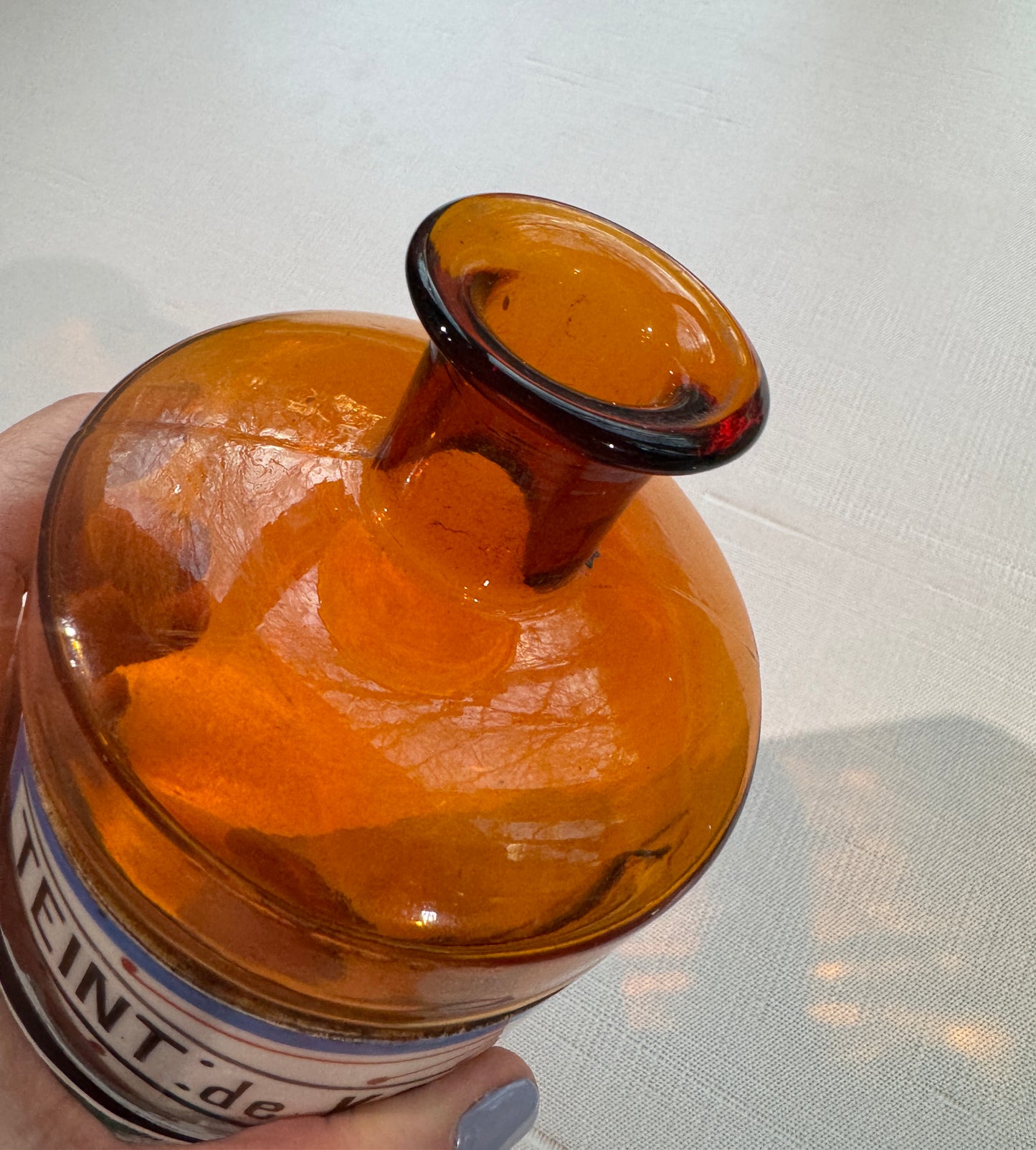 Antique French Apothecary Bottle, Amber Colored Glass, Porcelain Label