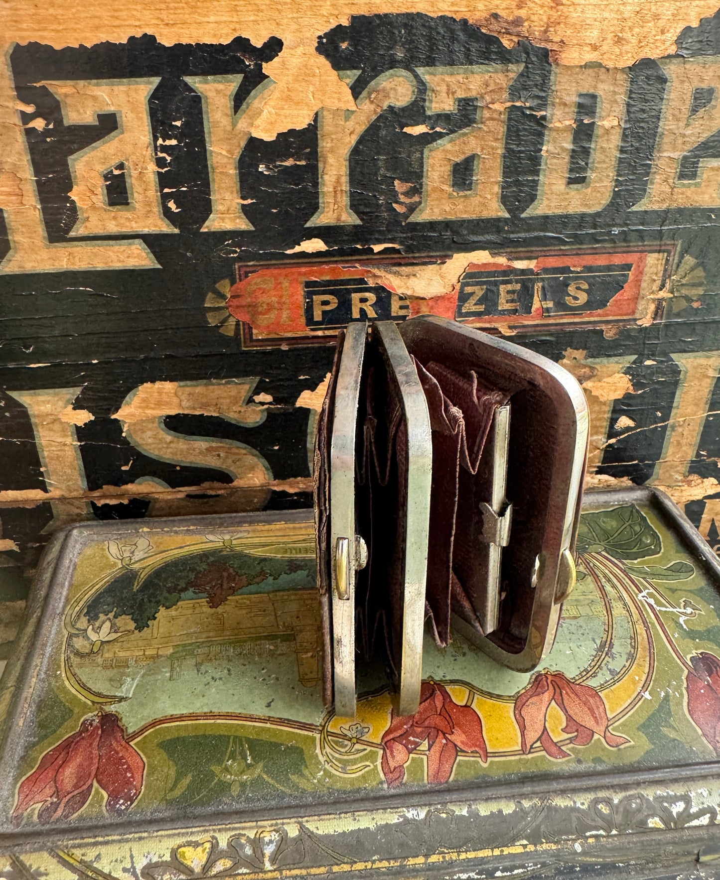 Antique Leather Coin Purse with Multiple Compartments