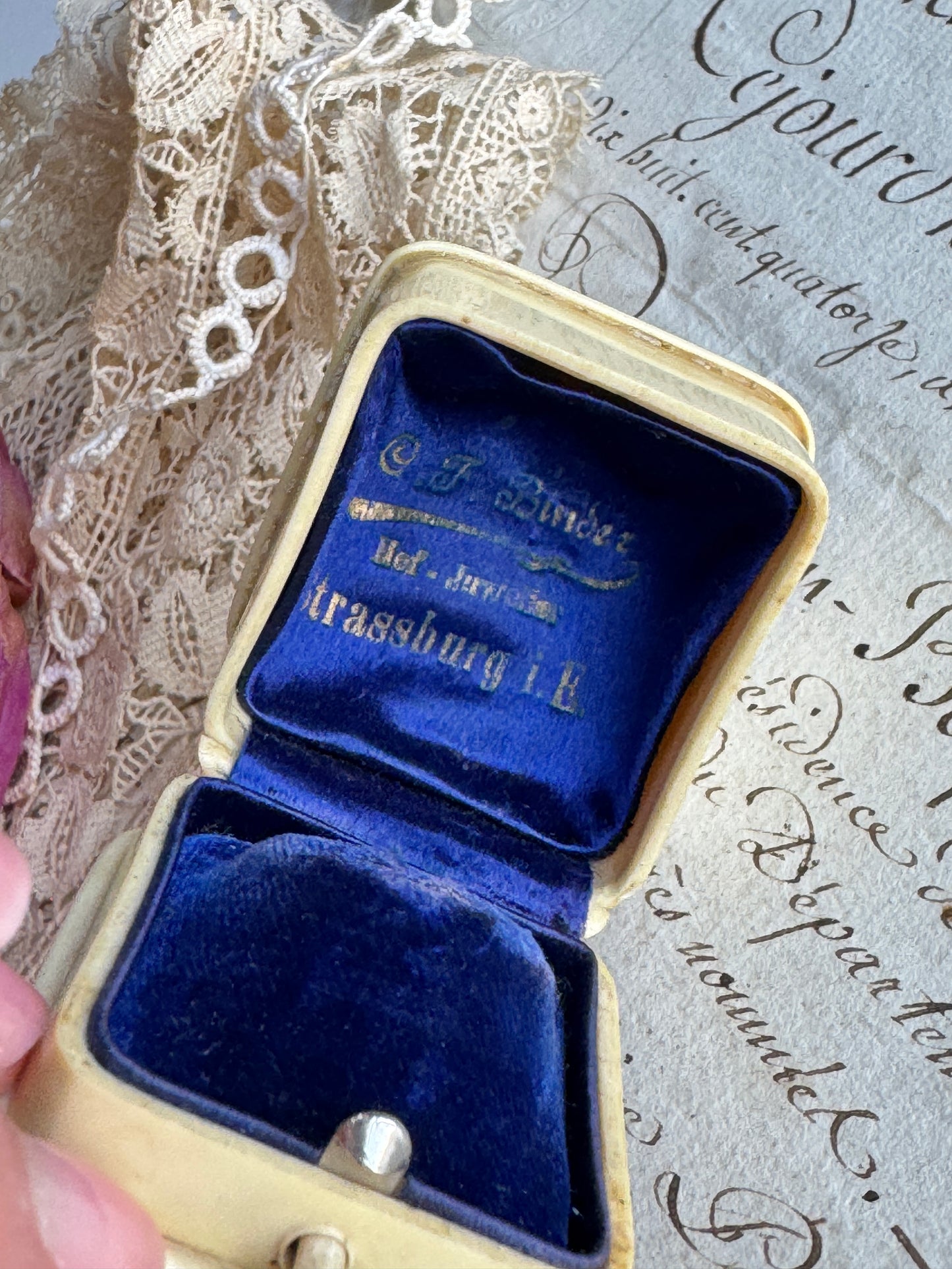 Antique French Jewelers Ring Box, C.F.Binder Strassourg Jeweler, Blue Velvet Interior, Victorian Era Keepsake