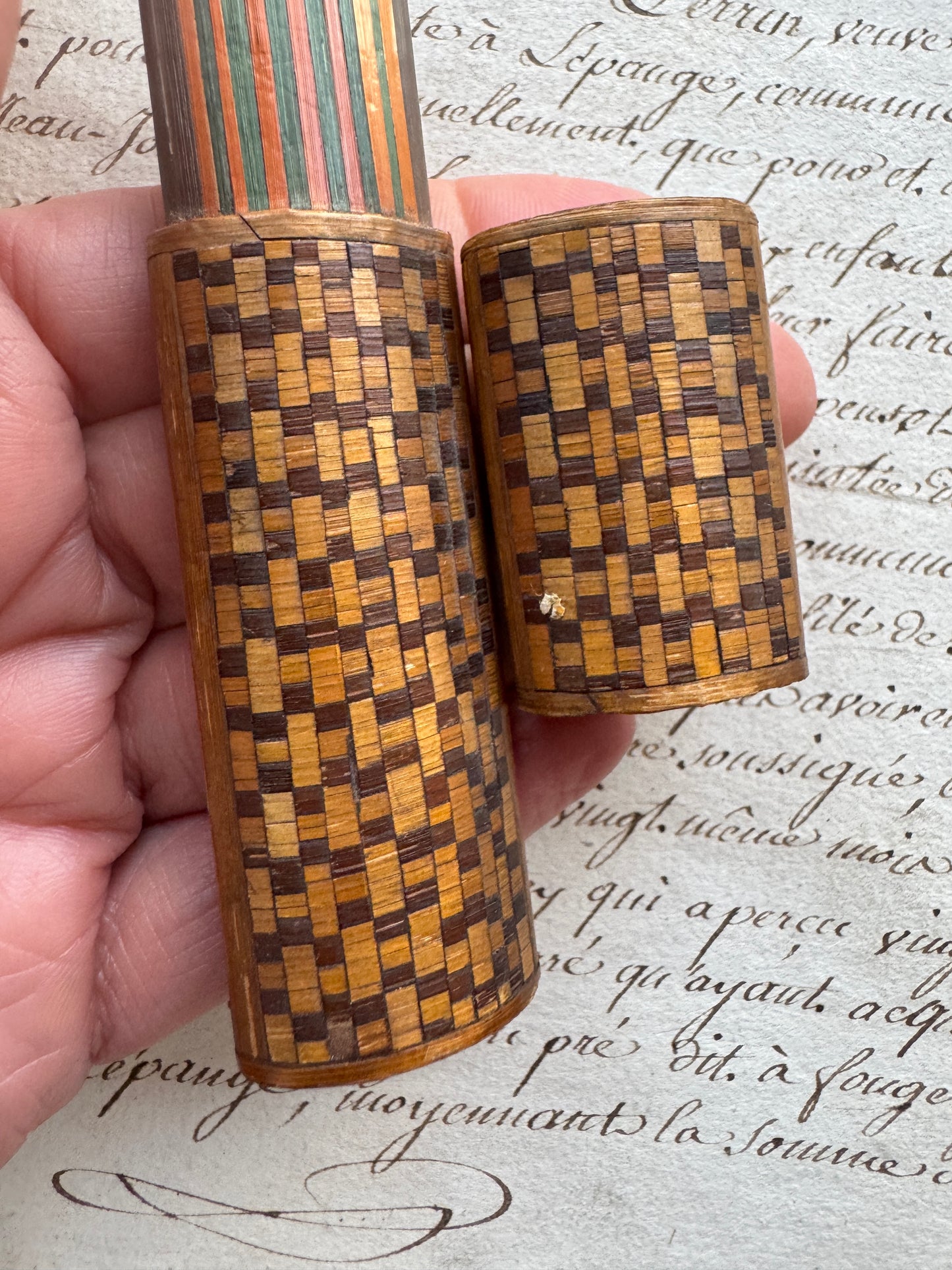 Antique Marquetry Needle Case with Striped Inner Sleeve, French