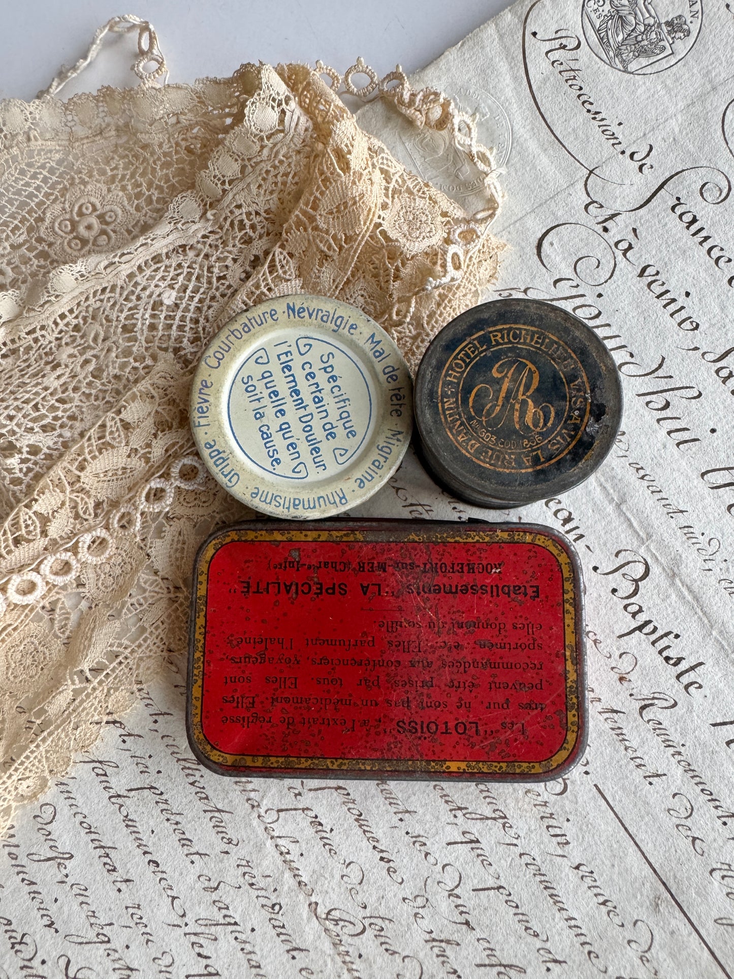 Antique French Tins, Set of 3 Apothecary Collectibles