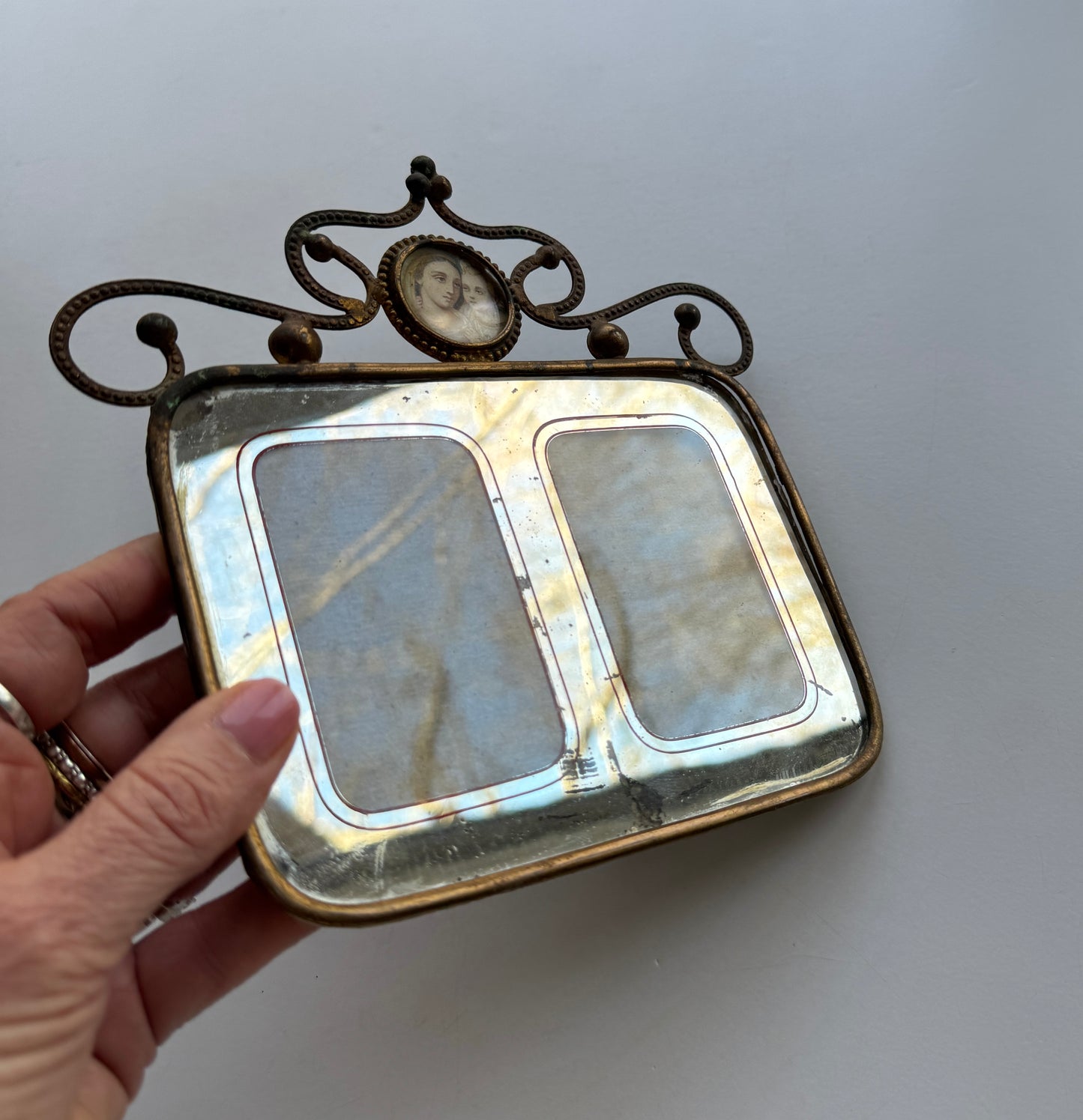 Antique French Mirrored Double Frame with Ornate Metalwork & Religious Image, 19th Century