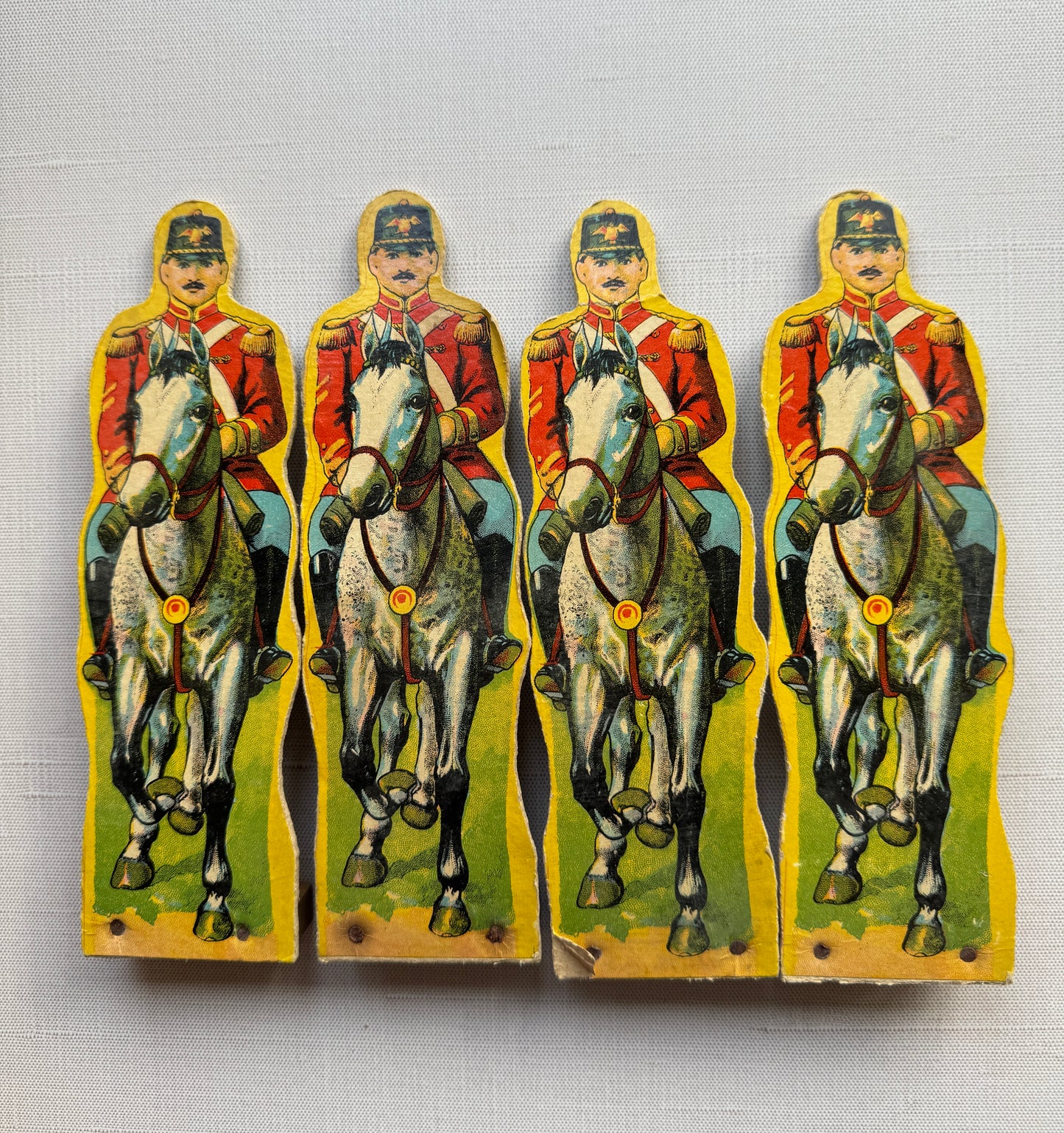Antique Lithographed Paper Toy Soldiers on Horseback, Set of 4 Mounted Cavalry Figures