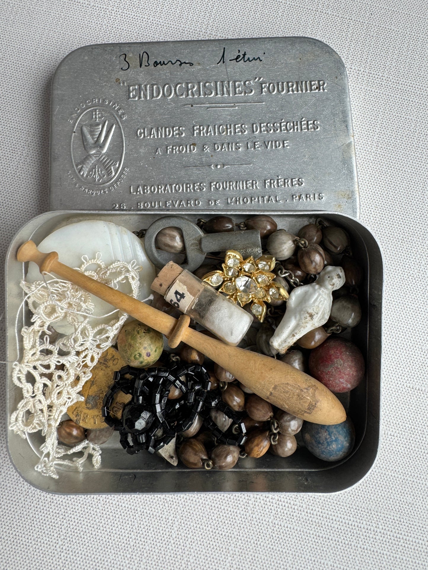 Antique French Curio Tin, Rosary, Lace, Keys, Doll, Oddities & More