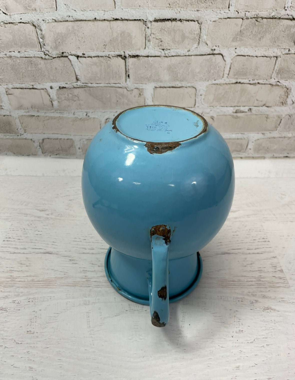 Vintage French Enamel Blue Pitcher with Handle, Rustic Patina
