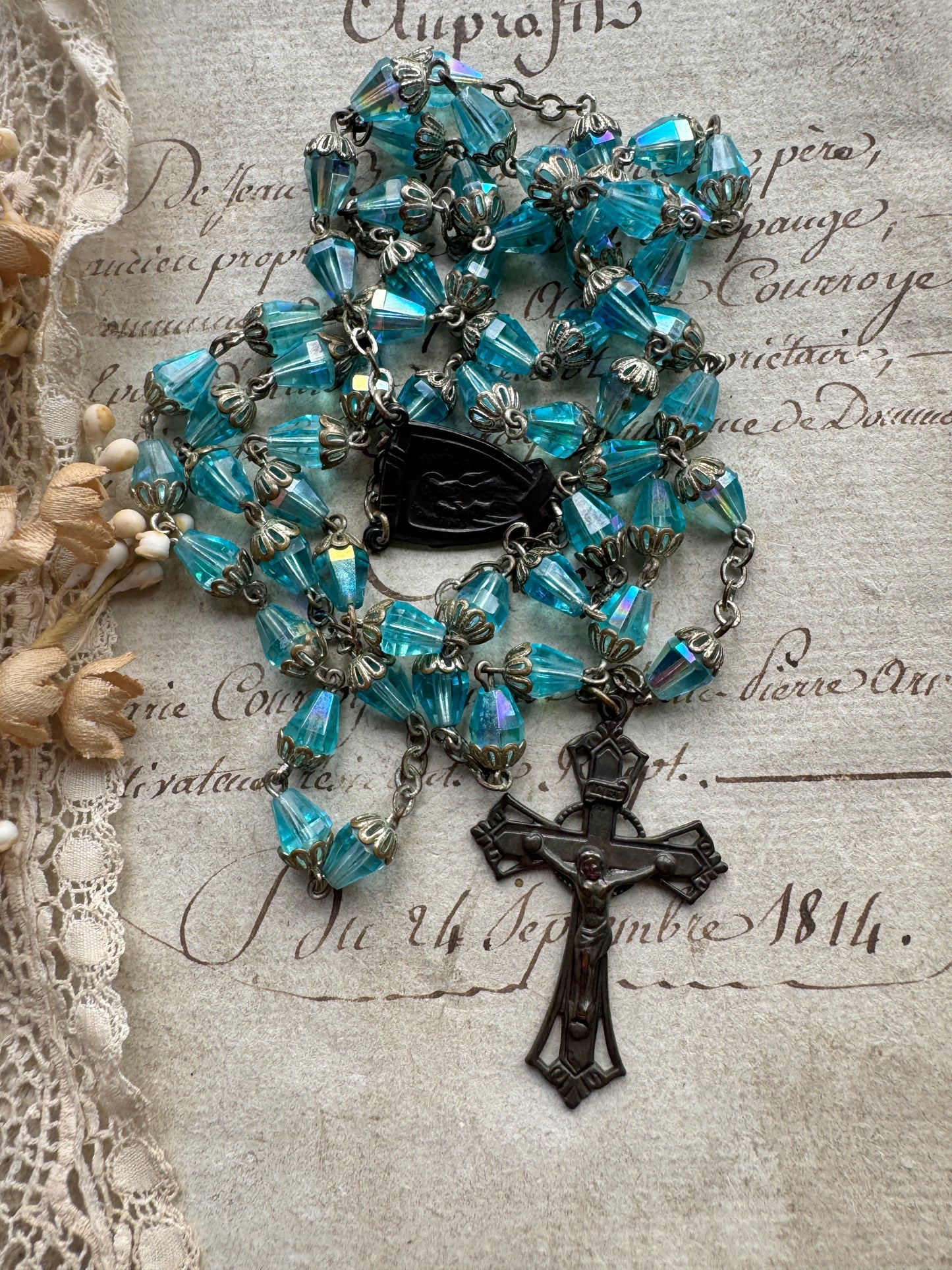 Vintage Blue Crystal Rosary with Ornate Caps & Crucifix