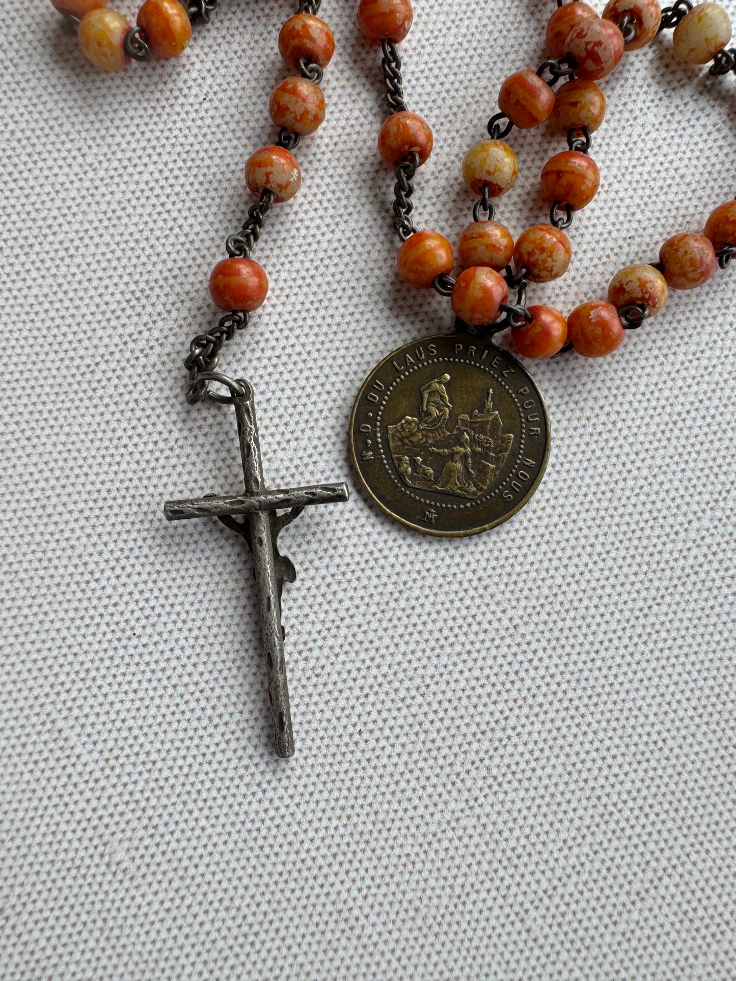 Antique French Rosary with Coral Colored Beads & Medal