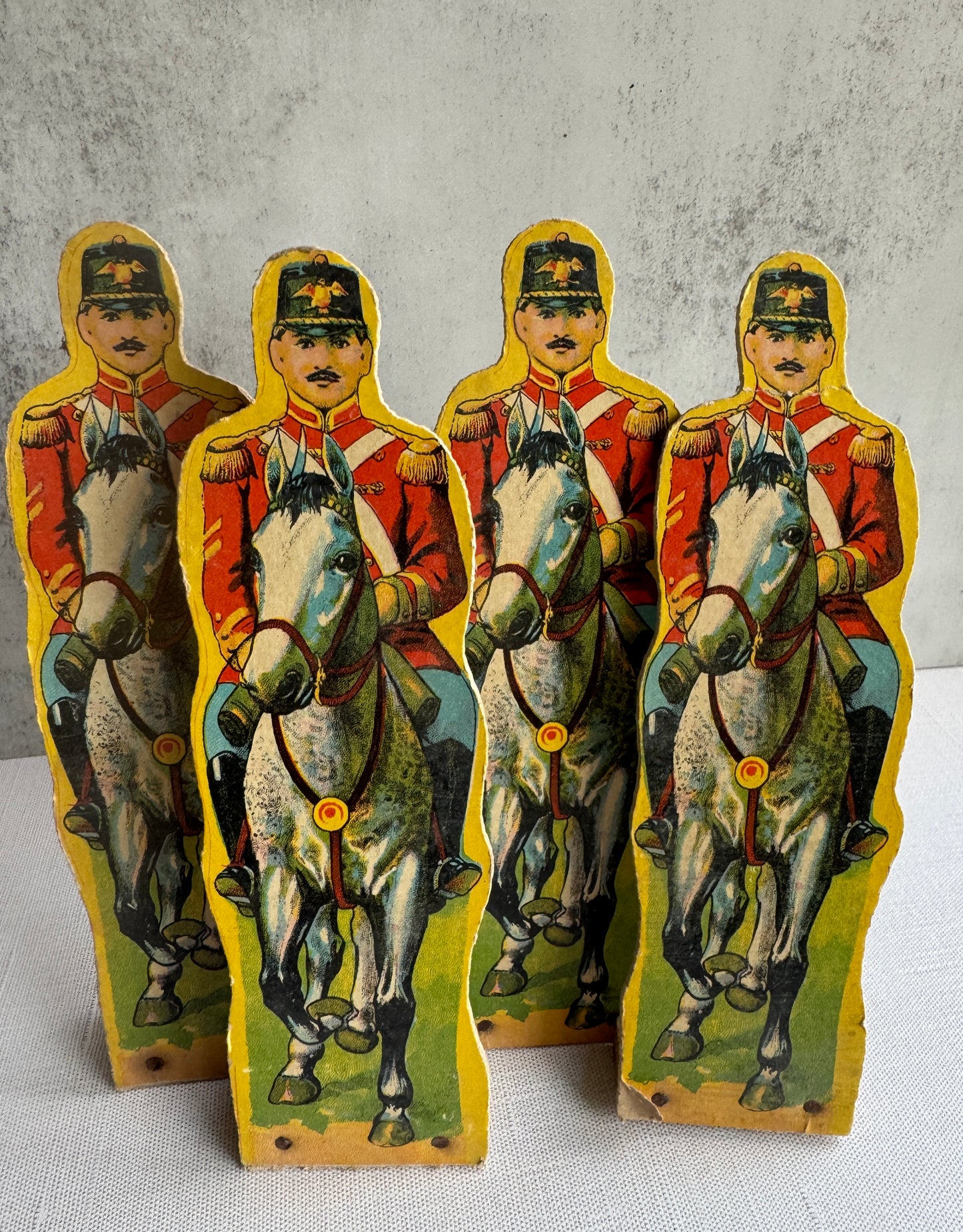 Antique Lithographed Paper Toy Soldiers on Horseback, Set of 4 Mounted Cavalry Figures