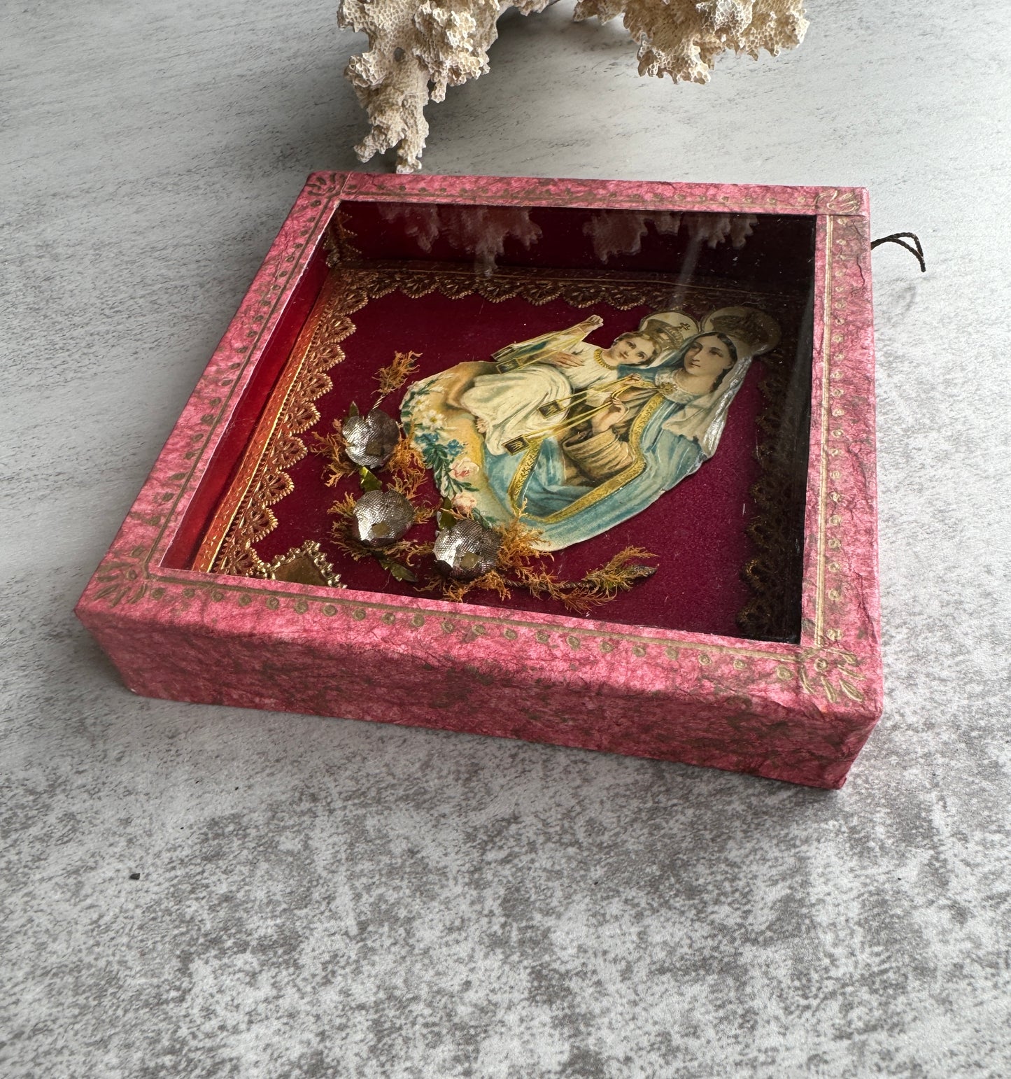 Antique Religious Reliquary Shadow Box, Virgin Mary & Christ Child