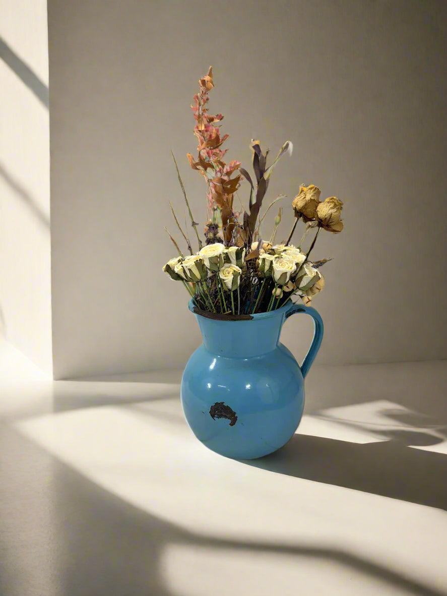 Vintage French Enamel Blue Pitcher with Handle, Rustic Patina