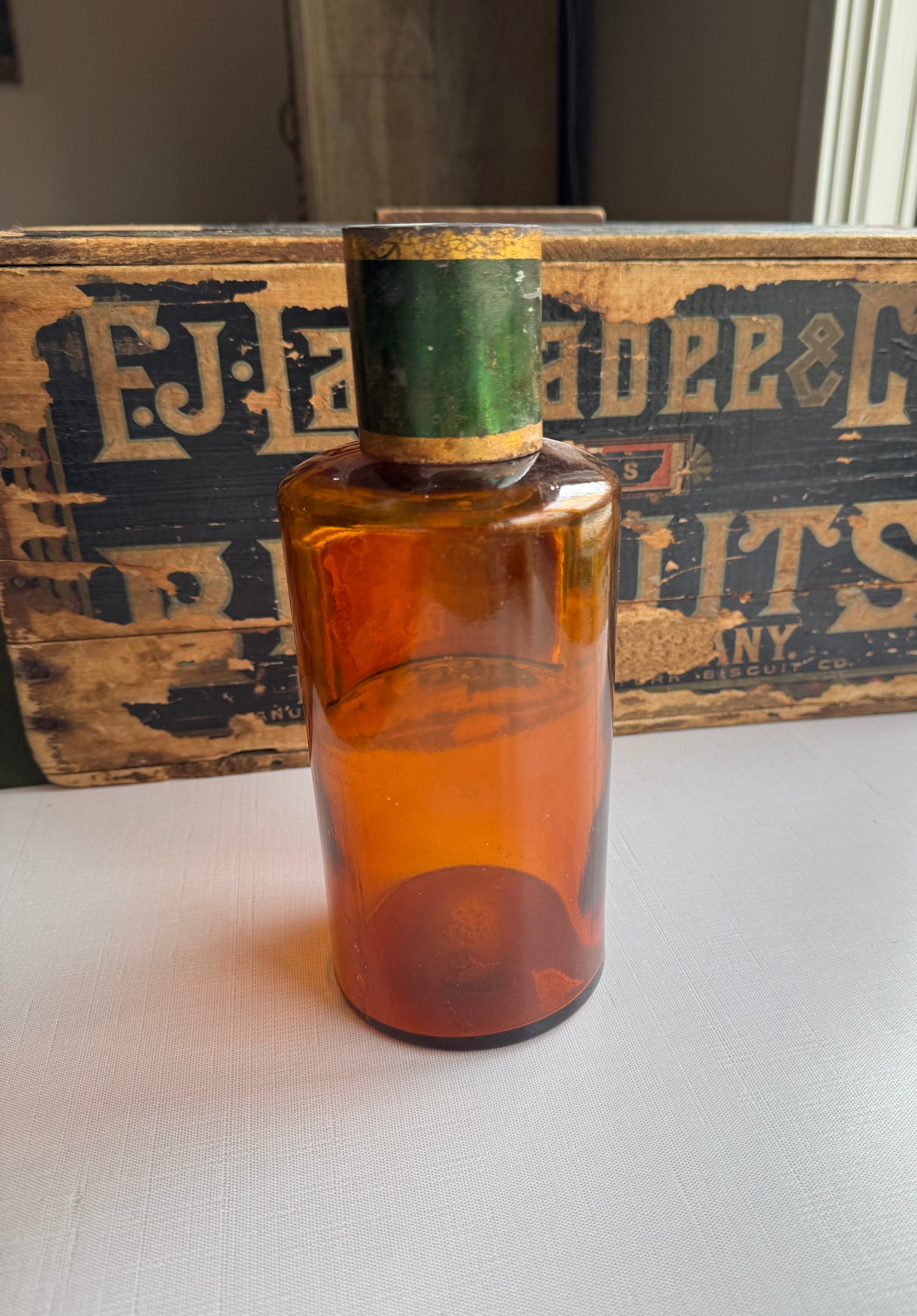Antique French Apothecary Bottle, Amber Colored Glass, Porcelain Label