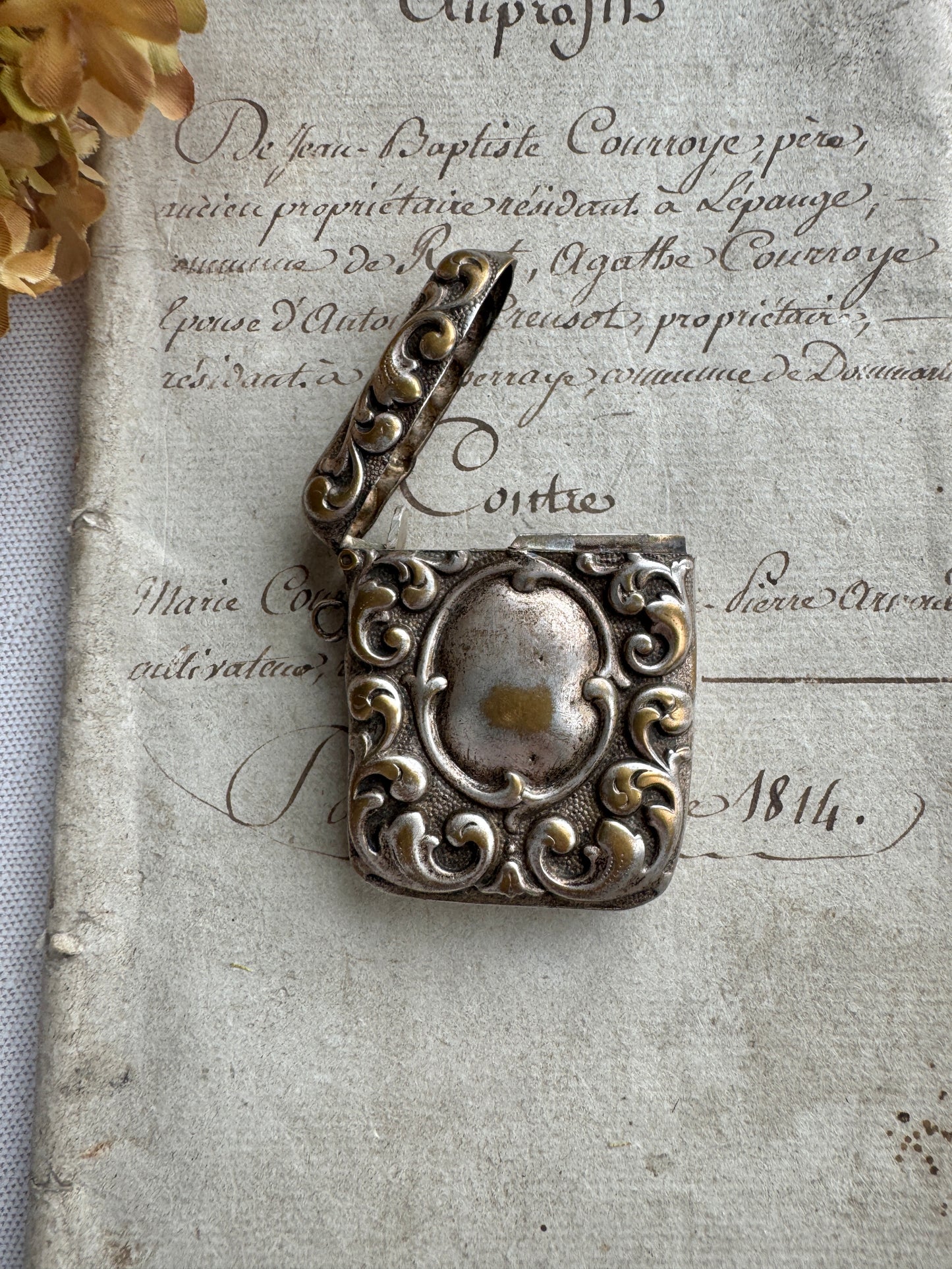 Antique Match Vesta, French Silver Plated Repousse Match Case, Edwardian Chatelaine Match Holder