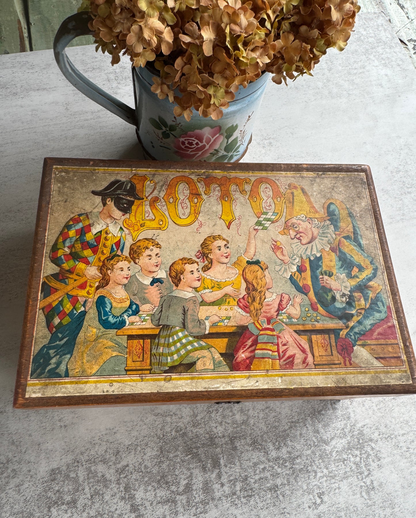 Antique Wooden Lotto Game Box, 19th Century, Illustrated Colorful