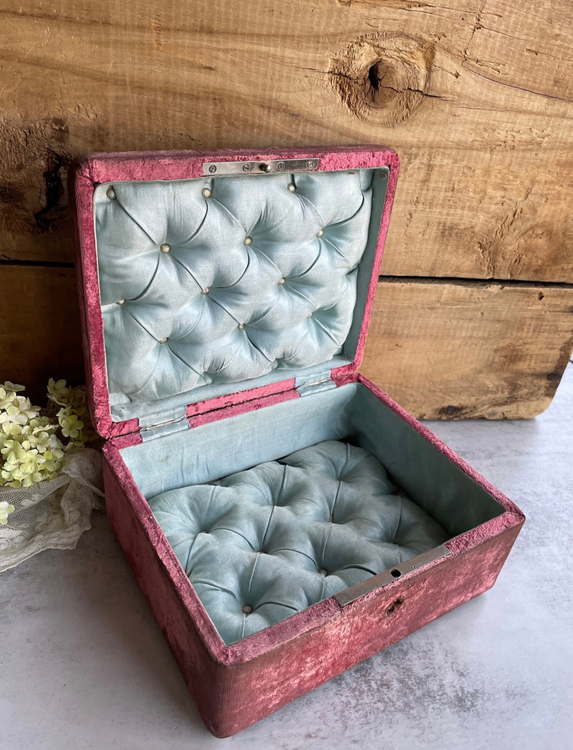 Antique French Velvet Jewelry Box with Tufted Silk Interior
