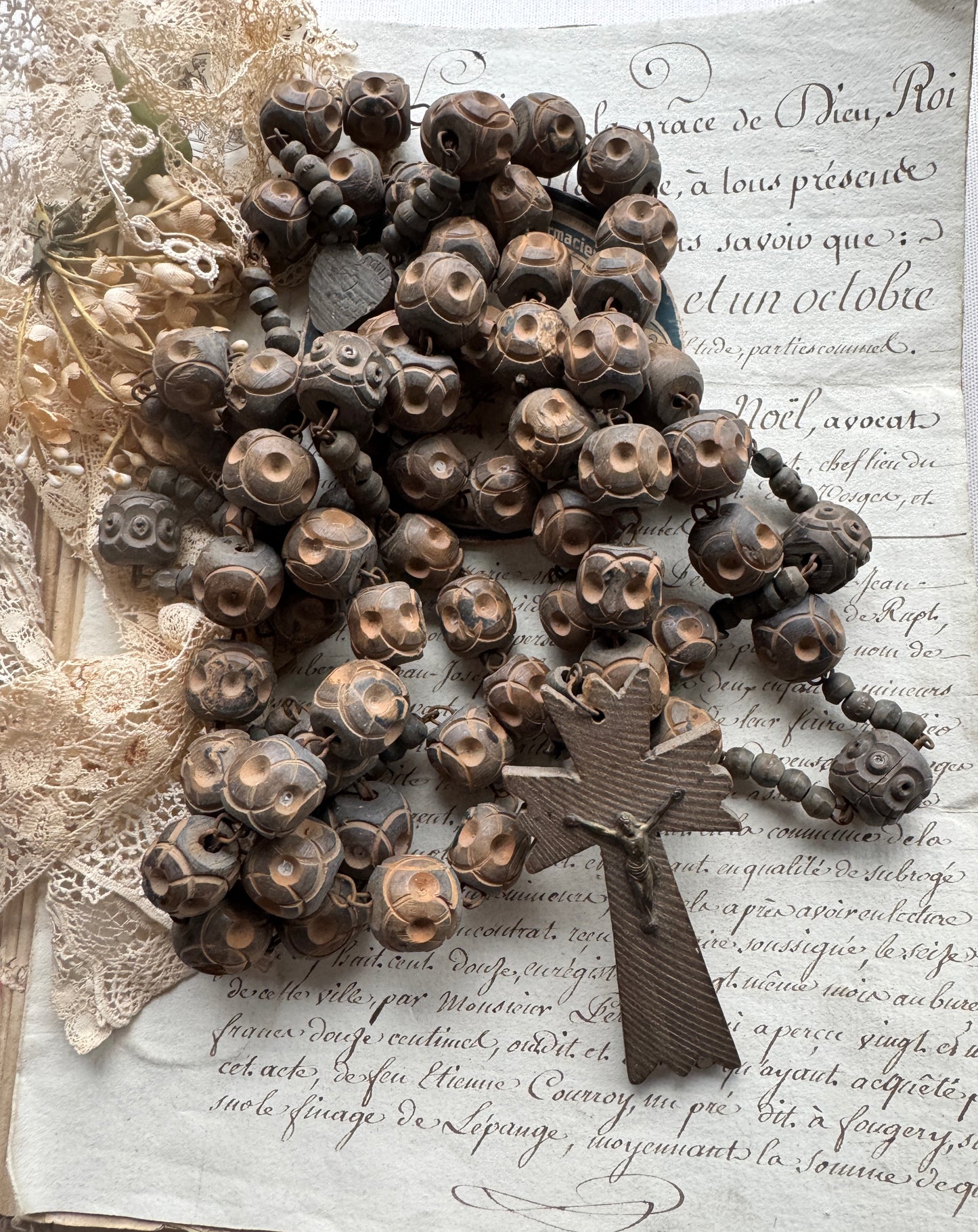Antique French Carved Wooden Rosary, Oversized Beads & Crucifix