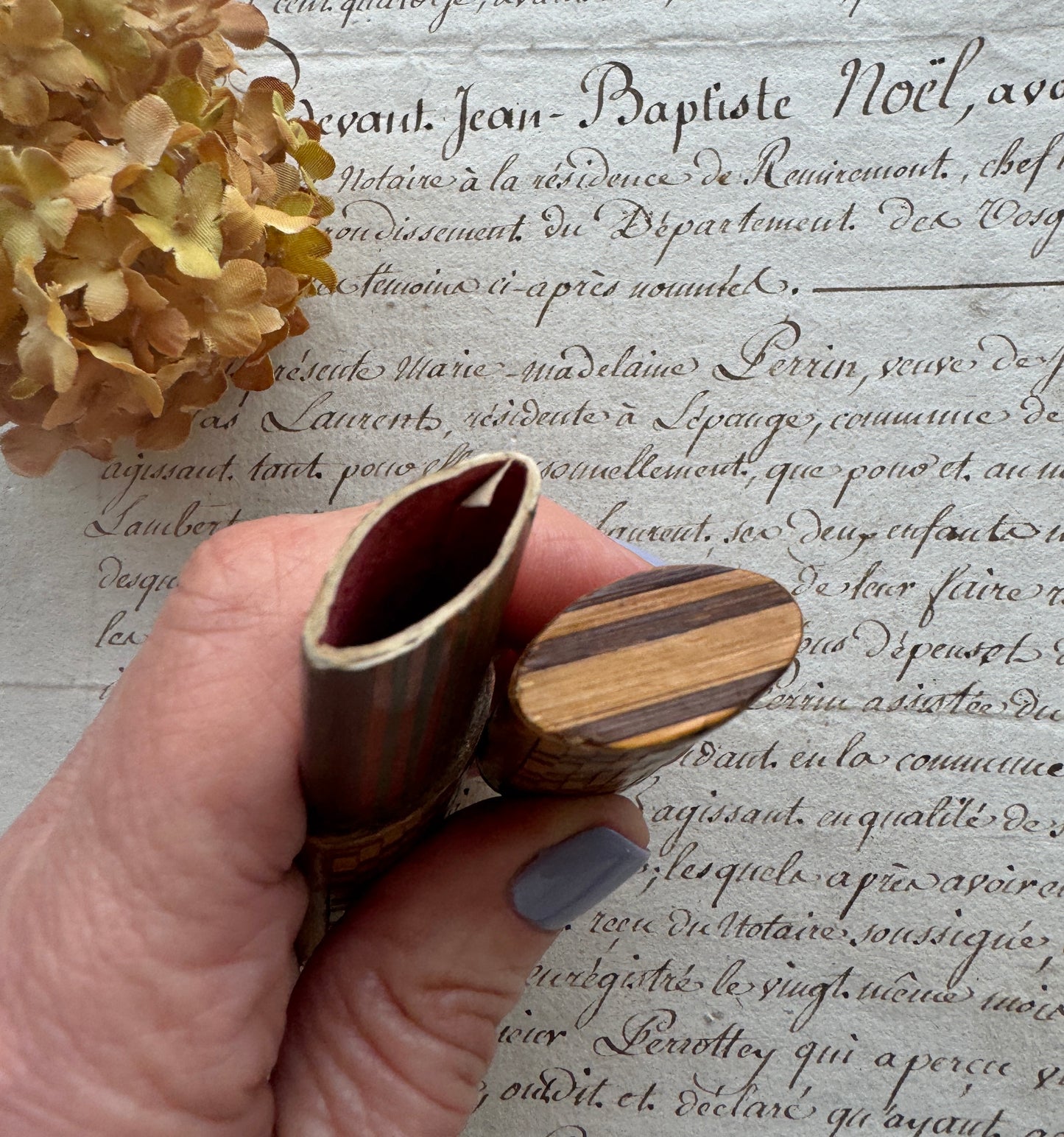 Antique Marquetry Needle Case with Striped Inner Sleeve, French