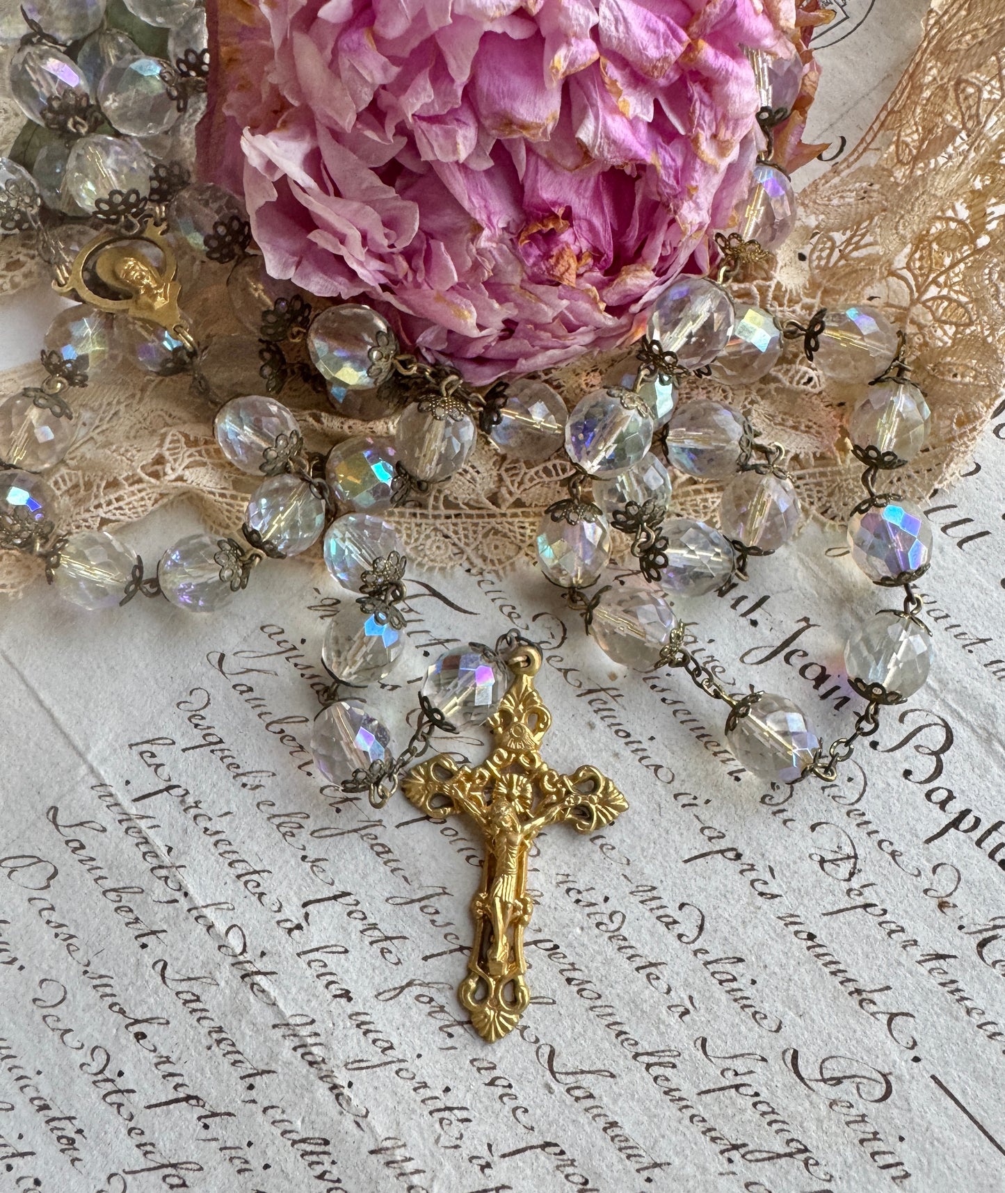 Vintage Italian Rosary with Faceted Beads & Ornate Gold-Tone Crucifix