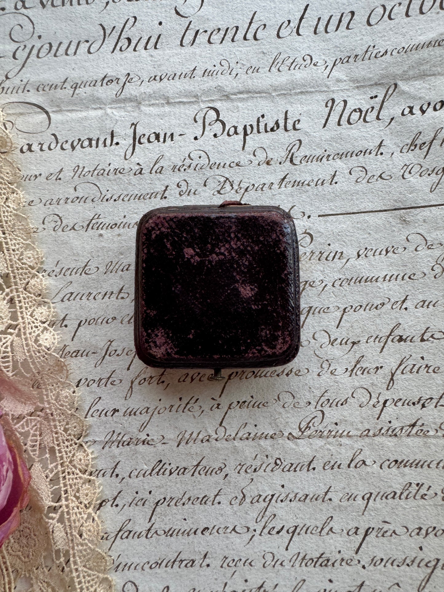 Antique French Jewelry Presentation Box, Burgundy Velvet & Leather Case