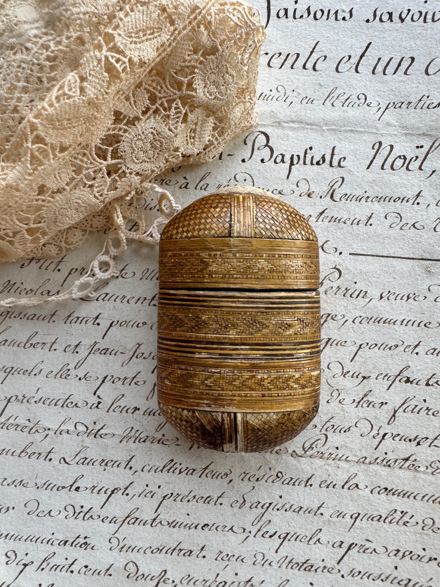 Antique Straw Work Match Vesta Case with Bone Striker- Early 19th Century France