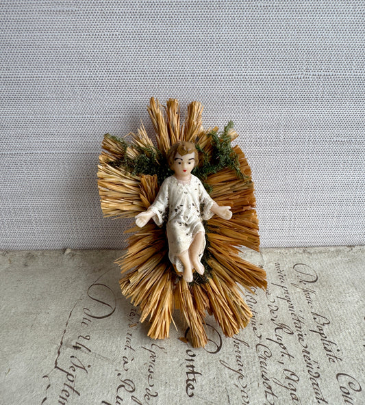 Antique French Nativity Figurine, Baby Jesus in Straw Cradle