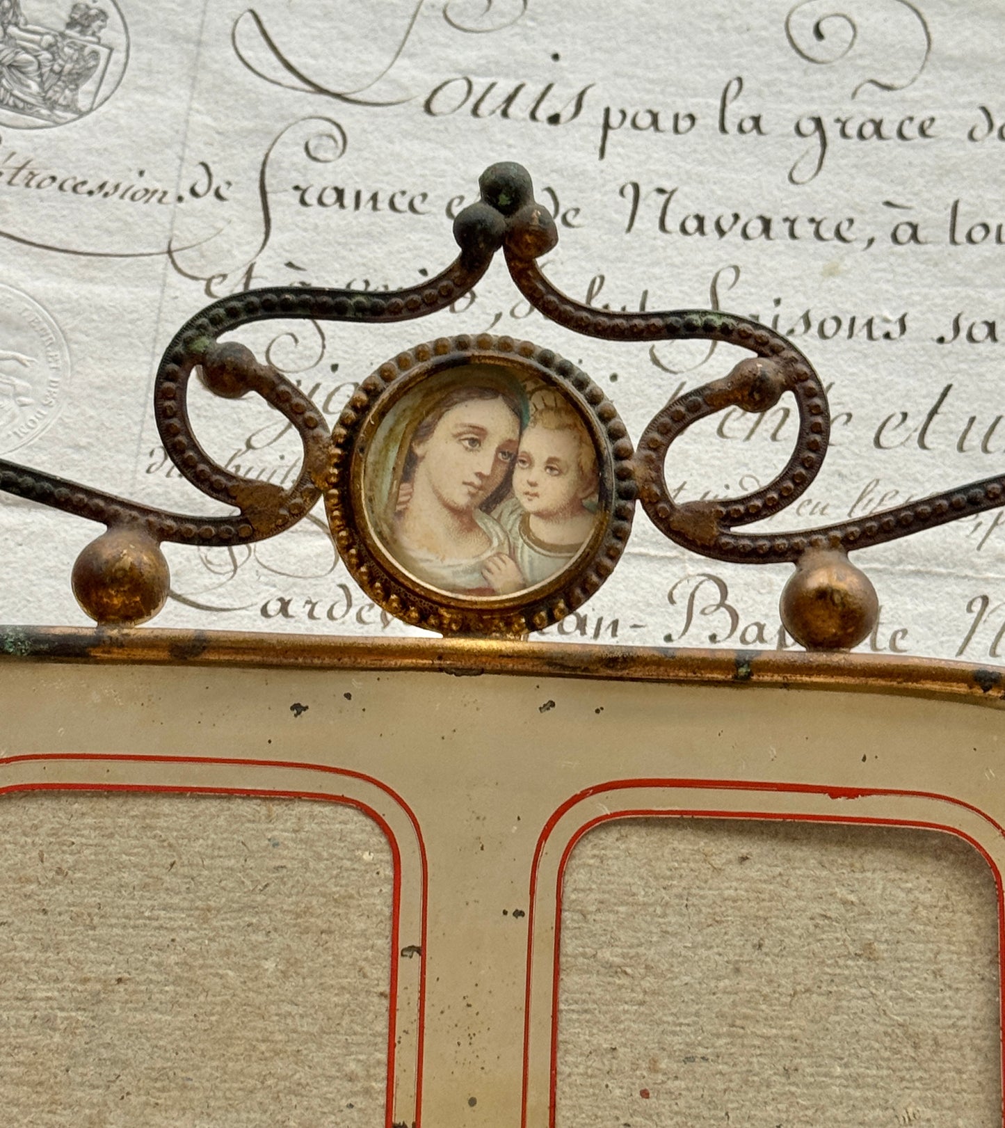 Antique French Mirrored Double Frame with Ornate Metalwork & Religious Image, 19th Century
