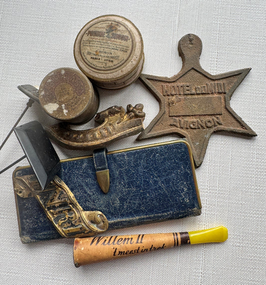 Antique French Ephemera & Curio Lot, Hotel Tag, Hat Pins, Leather Booklet, Tins & More