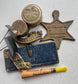 Antique French Ephemera & Curio Lot, Hotel Tag, Hat Pins, Leather Booklet, Tins & More