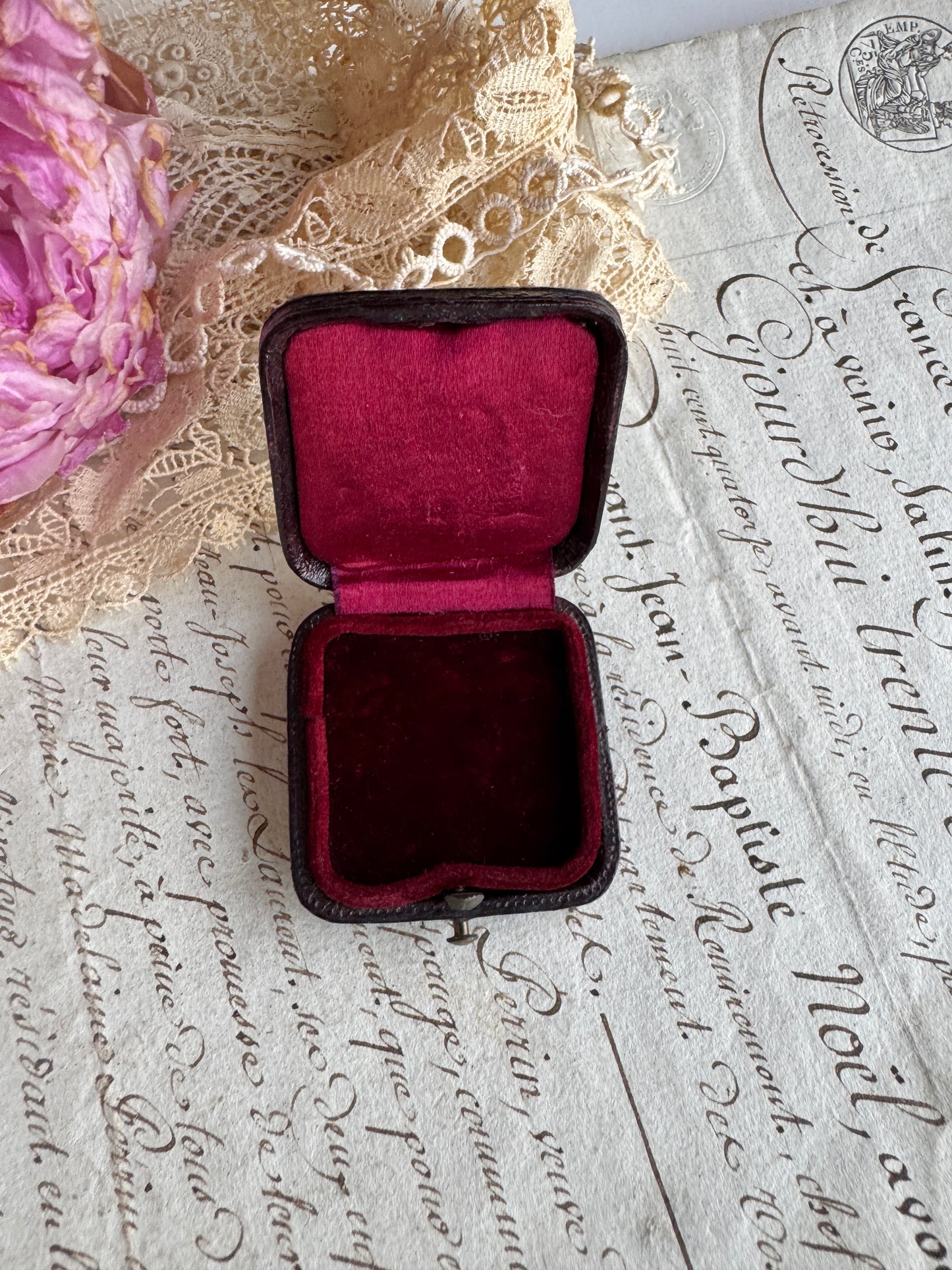 Antique French Jewelry Presentation Box, Burgundy Velvet & Leather Case