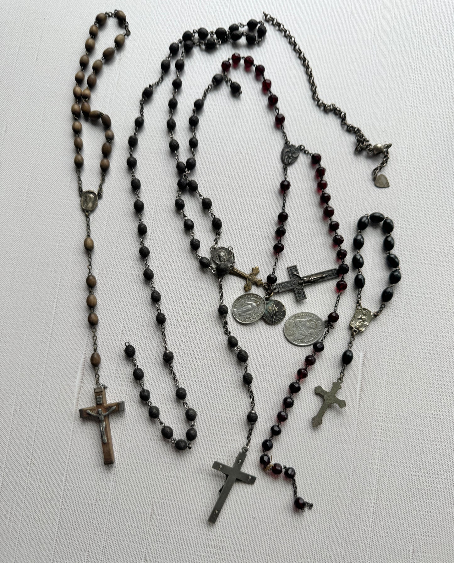 Antique French Rosary Lot with Crucifixes and Religious Medals