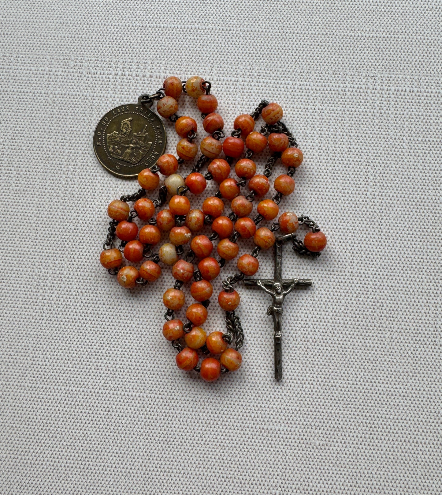 Antique French Rosary with Coral Colored Beads & Medal