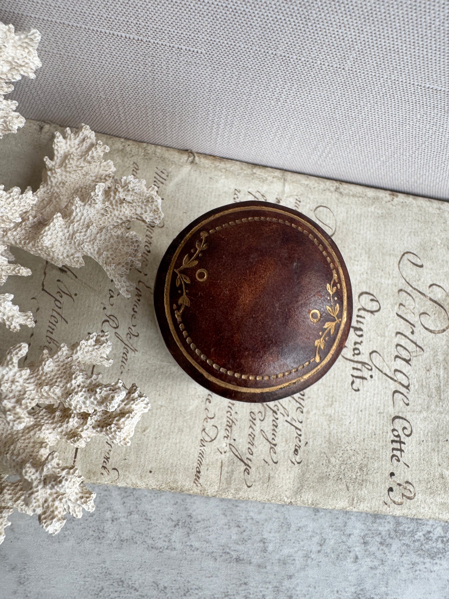 French Antique Leather Covered Wooden Snuff or Pill Box