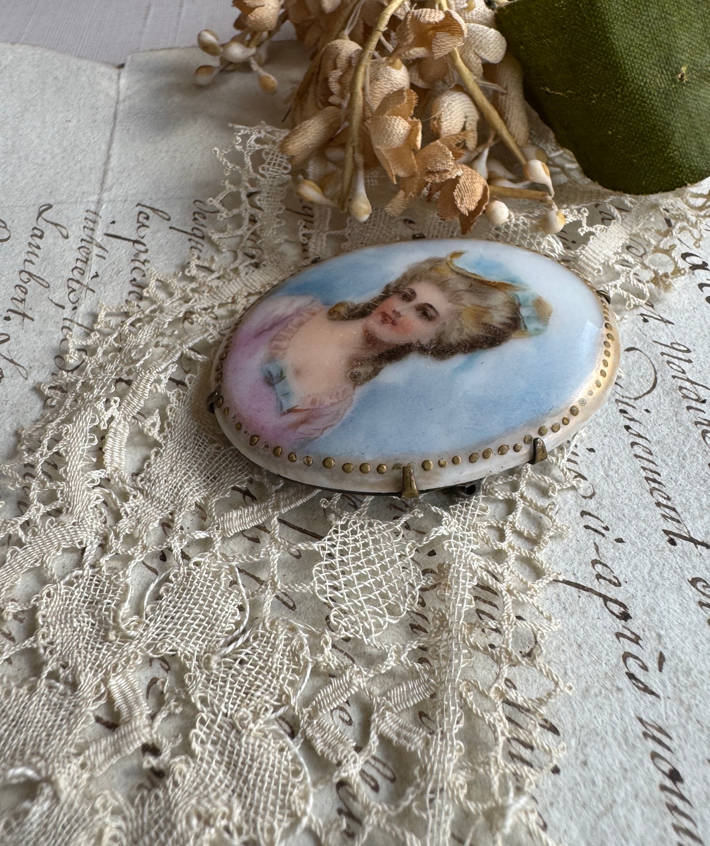 Antique Porcelain Portrait Brooch, 18th Century Style Lady