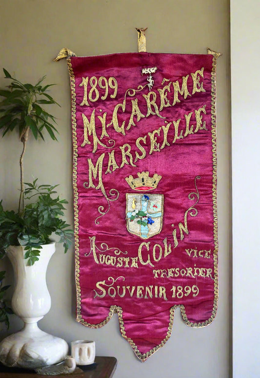 Antique 1899 Mi-Carême Marseille French Embroidered Silk Banner with Gold Metallic Thread