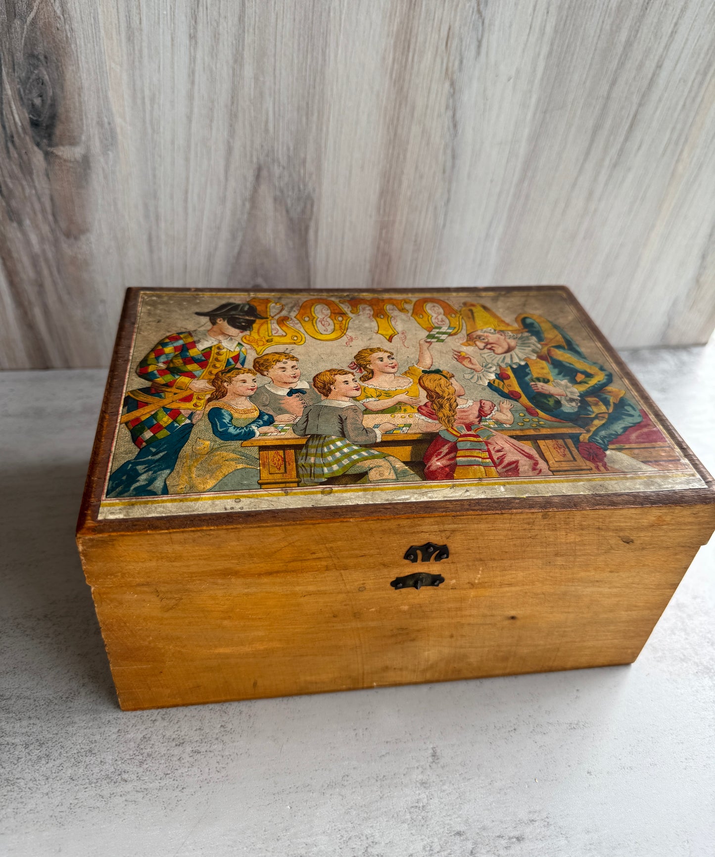 Antique Wooden Lotto Game Box, 19th Century, Illustrated Colorful