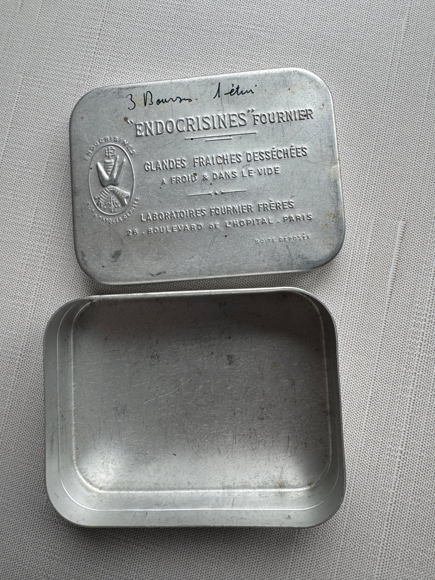 Antique French Curio Tin, Rosary, Lace, Keys, Doll, Oddities & More