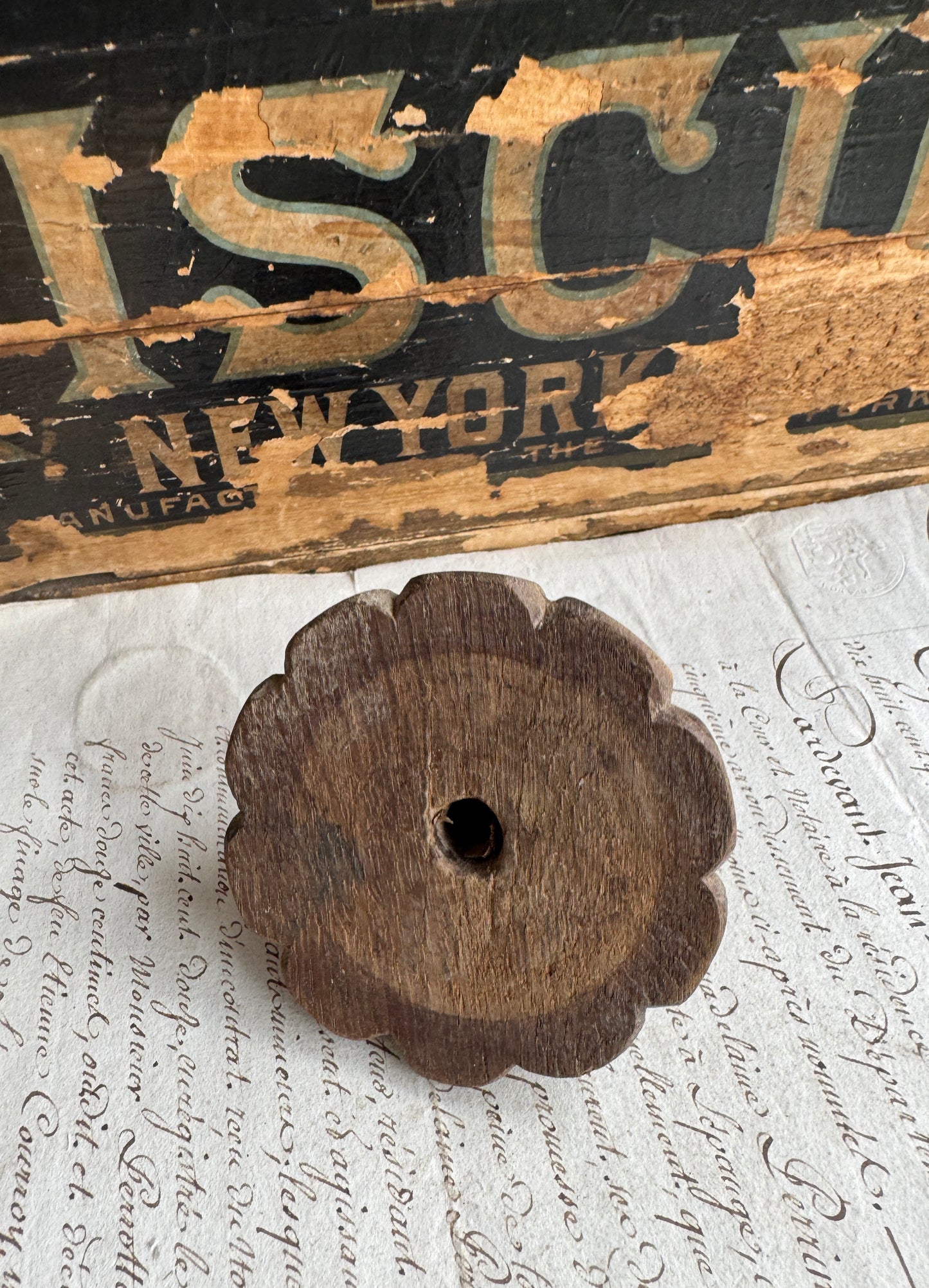 Antique Hand-Carved Wooden Finial with Petal Design