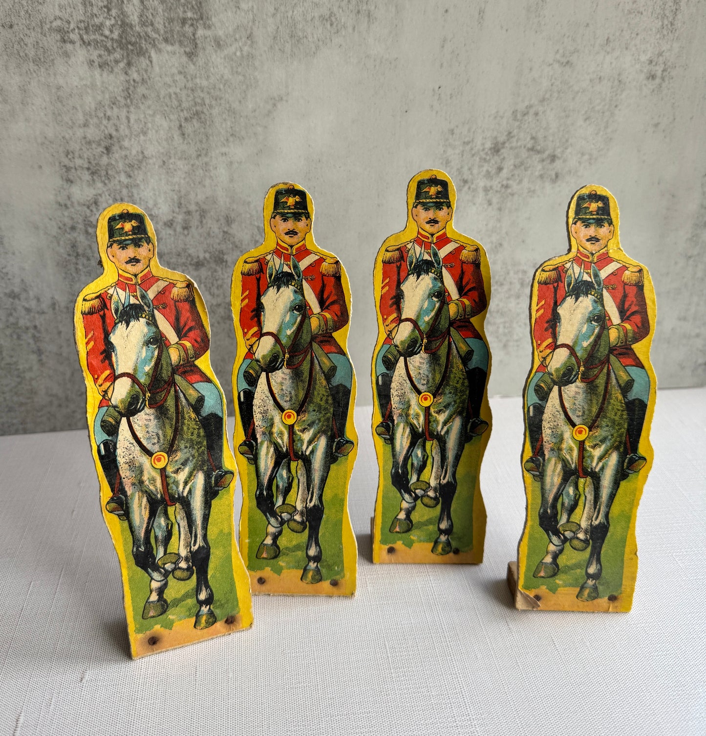 Antique Lithographed Paper Toy Soldiers on Horseback, Set of 4 Mounted Cavalry Figures