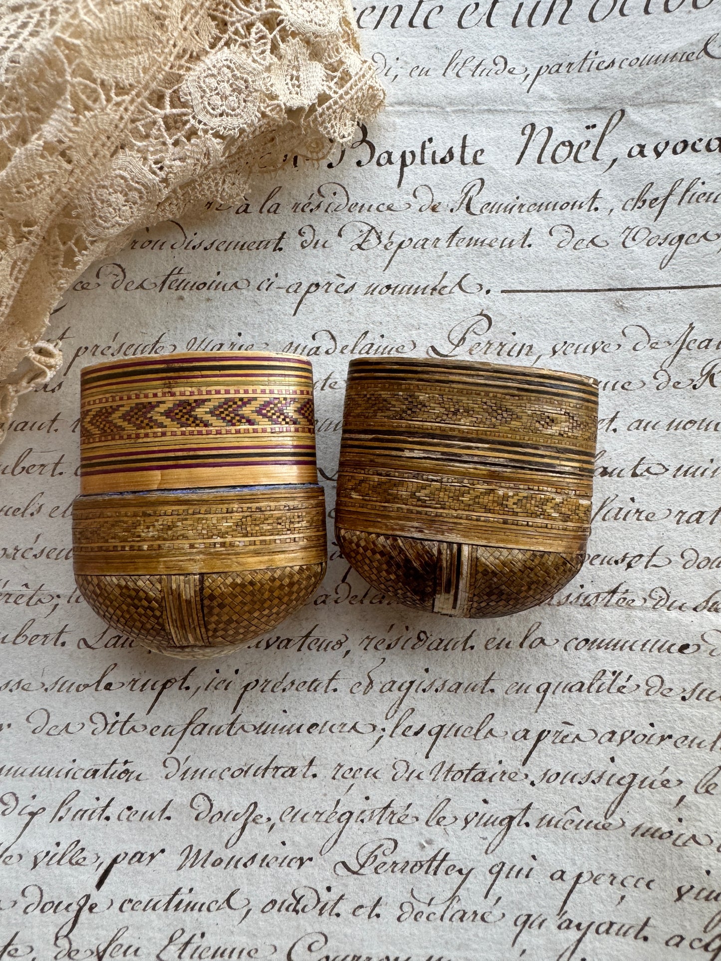 Antique Straw Work Match Vesta Case with Bone Striker- Early 19th Century France