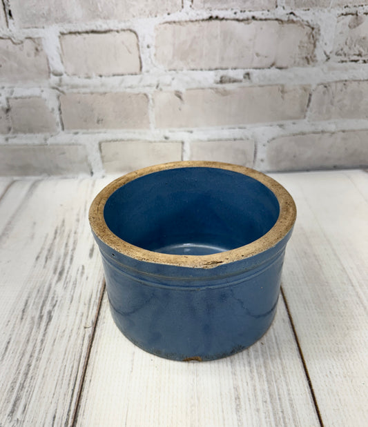 Vintage Blue Stoneware Crock, Small Rustic Glazed Pot