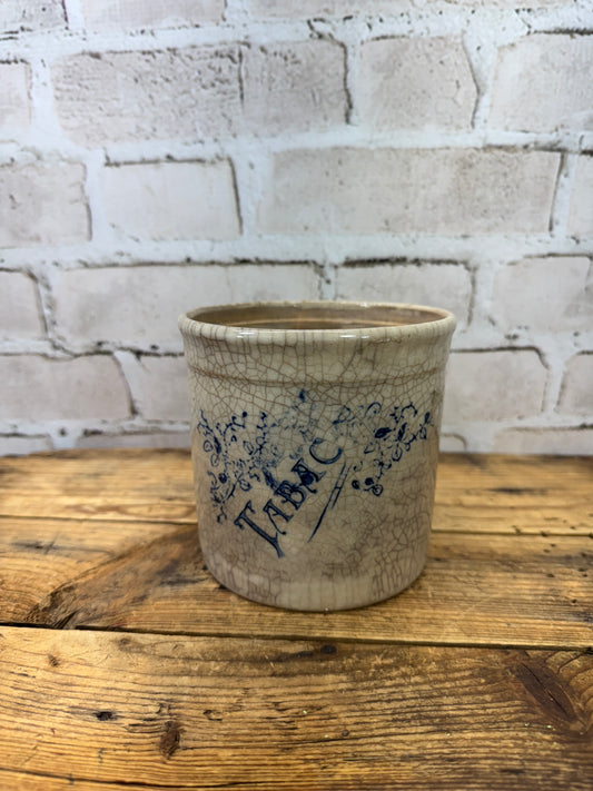 Antique French Stoneware Tobacco Jar with Blue Lettering